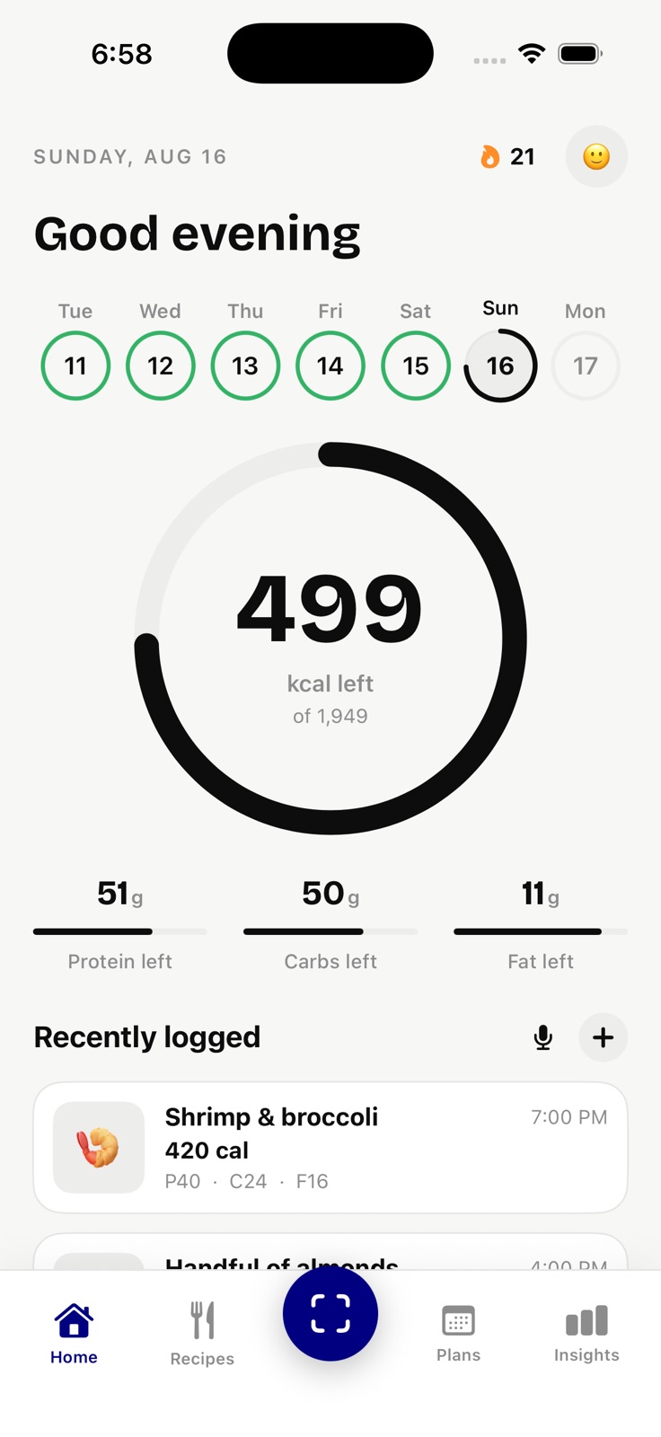 BetterBite home screen showing calories and macros left